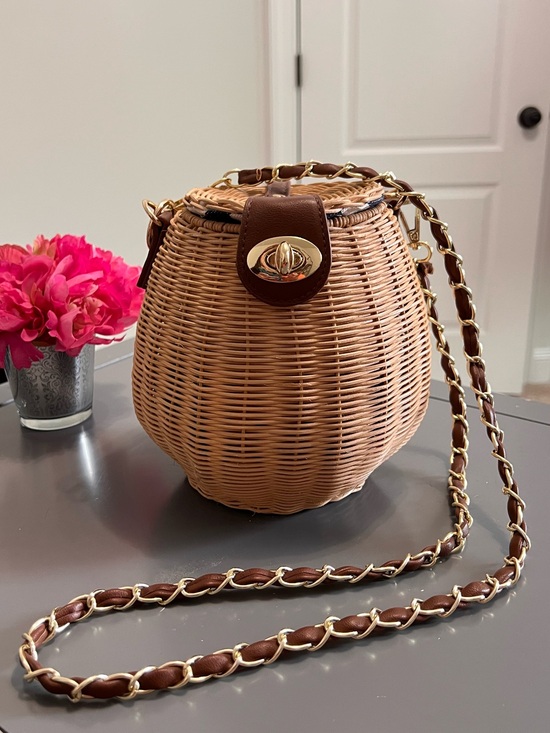 Free People Handbags - Free People Brown and Tan Woven Wicker Rattan Crossbody Bag